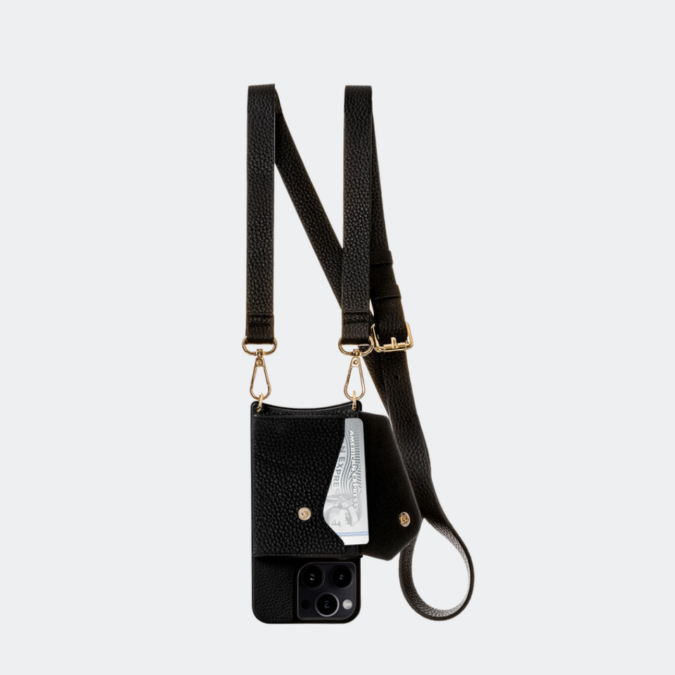 Alt="black leather crossbody iPhone case with adjustable strap and card slot"