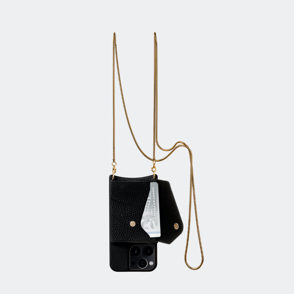 Black Bandolier-style leather crossbody phone case featuring a built-in wallet and secure card slots.
