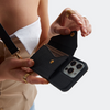 Alt="black leather crossbody iPhone case with adjustable strap with wallet"