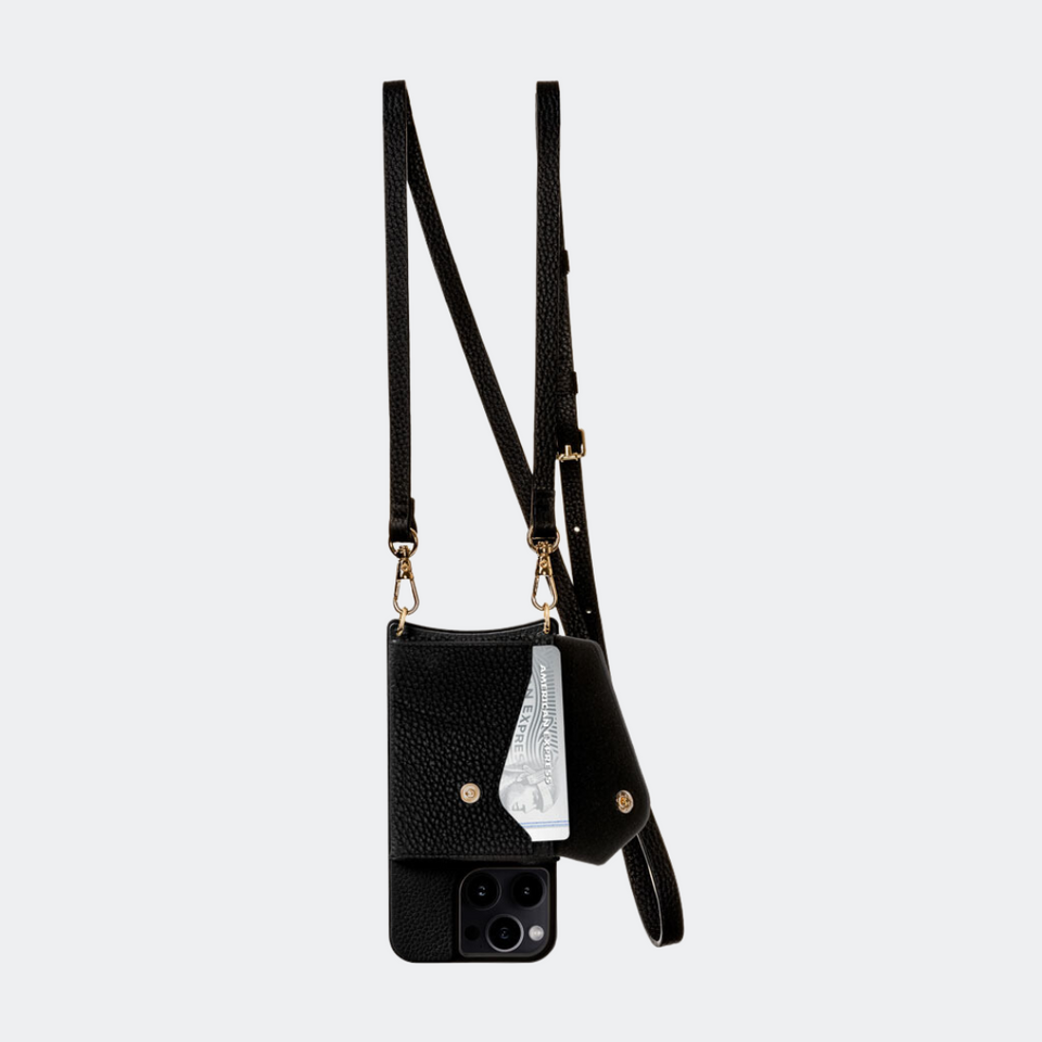 Alt="black leather crossbody iPhone case with adjustable strap and card holder"