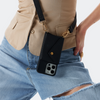 Alt="black leather crossbody iPhone case with adjustable strap"