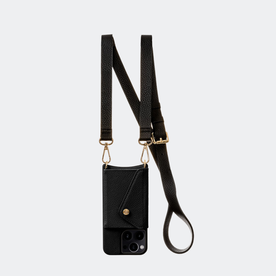Bandolier Hailey Crossbody Phone Case and Wallet - Black Leather with Gold Detail - Compatible with iPhone 15 Pro Max
