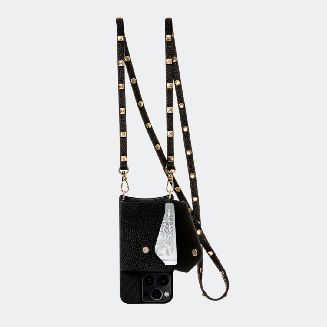 Black Bandolier-style leather crossbody phone case featuring a built-in wallet and secure card slots.
