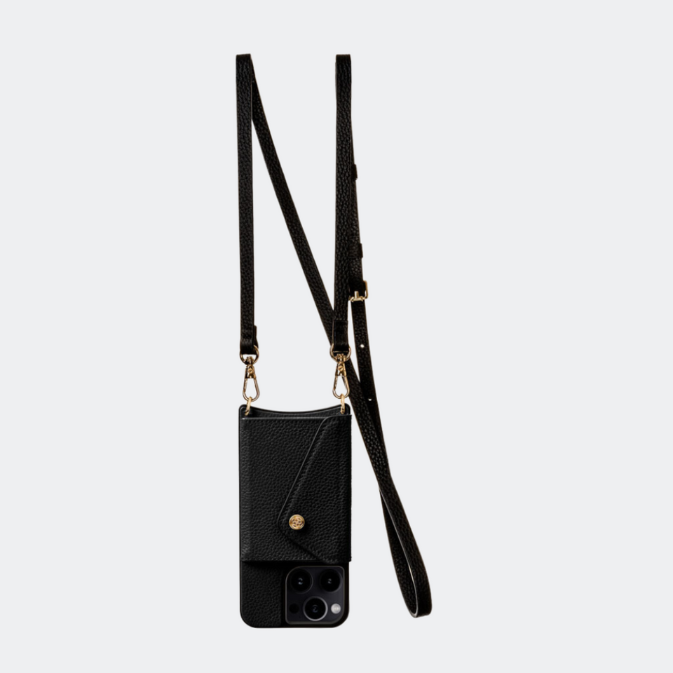 Alt="black leather crossbody iPhone case with adjustable strap"